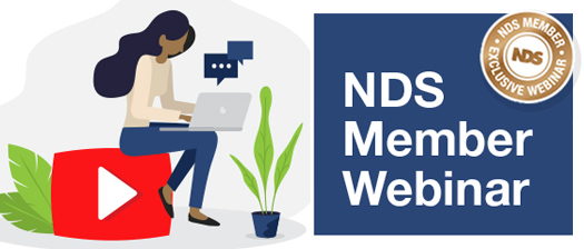 Banner with title NDS Member Webinar alongside illustration of person using laptop sitting on top of giant red play button