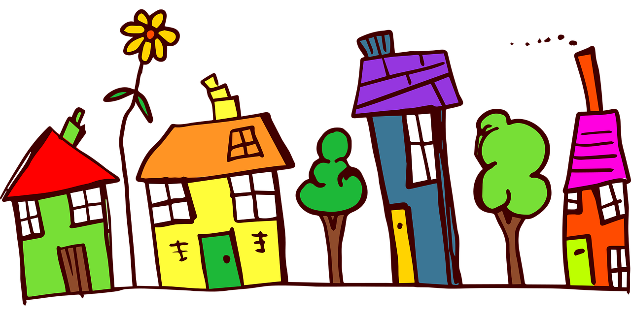 Child's drawing of a street of houses