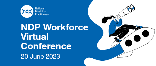 Dark blue background, with a graphic of a woman sitting on a rocket looking through a large pair of binoculars. NDP logo in white is above white text that says NDP Workforce Virtual Conference 20 June 2023.