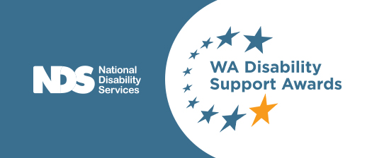 Blue background with the NDS logo in white on the left. On the right is a white circle that says WA Disability Support Awards in blue text with nine blue stars and one orange star surrounding the text.