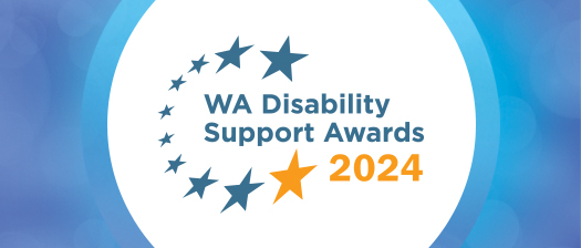 Blue background with light specs. In the middle is the WA Disabiltiy Support Awards logo in a white circle.
