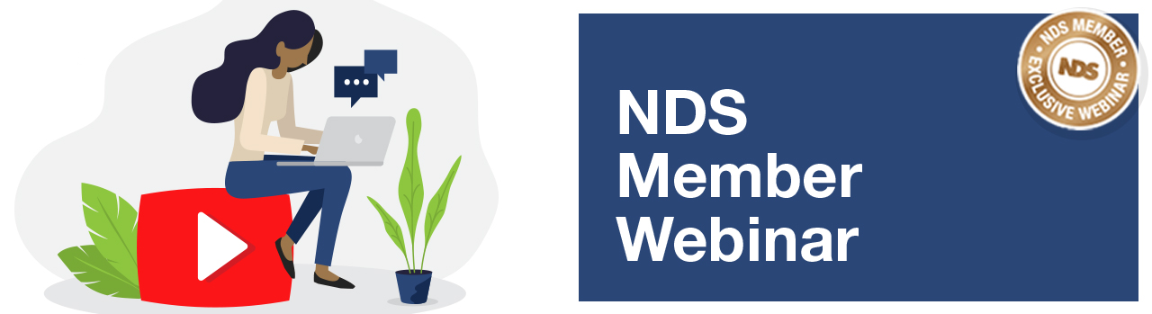 Woman using a laptop sits on a play button. To the left is a blue background with white text saying NDS Member Webinar