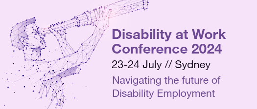 Pink background with a connect-the-dots image of a man looking through a telescope. To the right is purple and black text reading Disability at Work Conference 2024 23-24 July//Sydney. On the bottom black text reads Navigating the future of Disability Employment