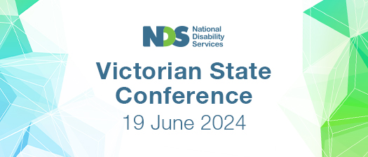 Geometric blue and green shapes on the side of the image. NDS logo on centre top. Underneath, a white background with blue text reads Victorian State Conference 19 June 2024