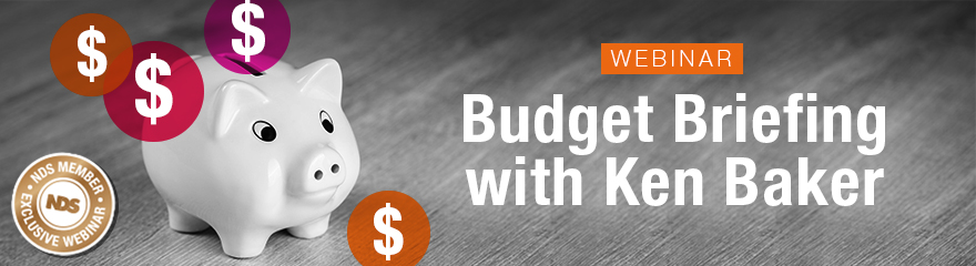 Piggy bank with dollar signs. Text reads: Webinar: Budget Briefing with Ken Baker