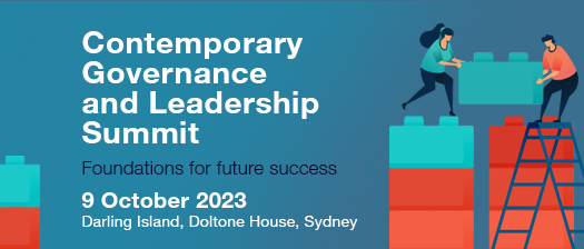 Blue background with white text says Contemporary Governance and Leadership Summit, Foundations for future success 9 October 2023// Doltone House, Sydney. To the right, four blocks of various heights. NDS logo in white on top left.