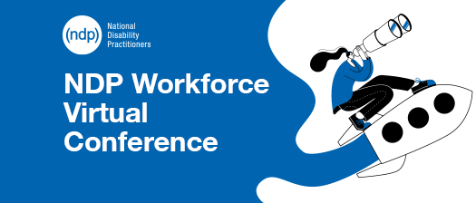 Dark blue background, with a graphic of a woman sitting on a rocket looking through a large pair of binoculars. NDP logo in white is above white text that says NDP Workforce Virtual Conference