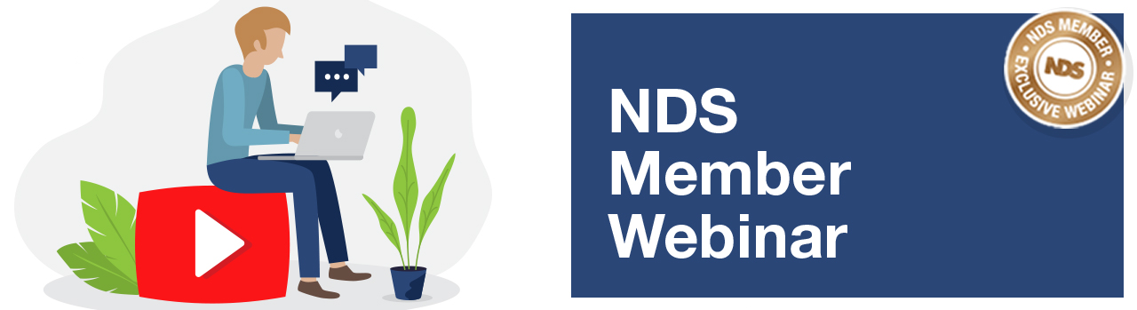 Graphic of a man using a laptop sitting on a red play button. To the right, text says NDS Member Webinar