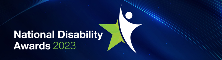 Blue background with white text says National Disablity Awards, and in green text it says 2023. A graphic of a green star and an outline of a person in white are on the right.