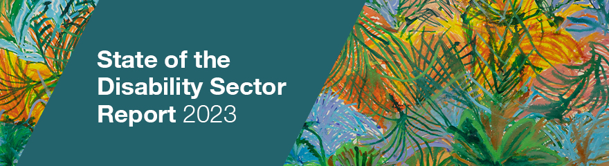Background art: autumn colours and green strokes. Text: State of the Disability Sector Report 2023