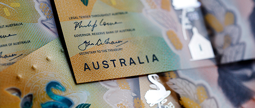 Close up of a stack of Australian fifty dollar notes