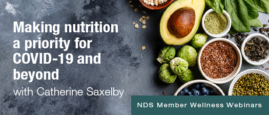 Banner with the words Making nutrition a priority for COVID-19 and beyond with Catherine Saxelby