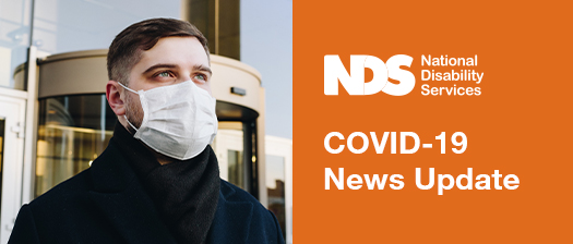 Close up of a person wearing a surgical mask. Title reads: NDS COVID-19 News Update.
