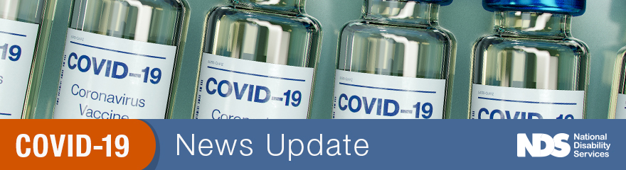 Row of vaccine vials with the label COVID-19, banner reads: COVID-19 News Update