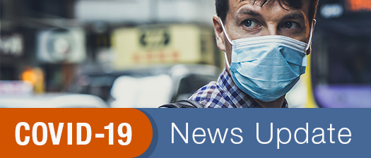 A person wearing a surgical mask, text reads: COVID-19 News Update