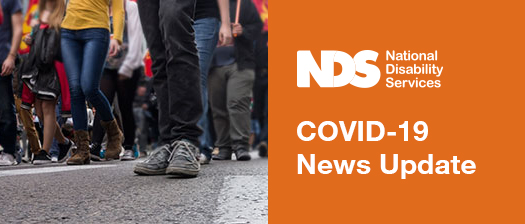 foot-level view of people's shoes on street with banner text reading COVID-19 news update
