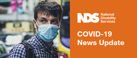 A person wearing a surgical mask looking backwards. Text reads: NDS COVID-19 News Update