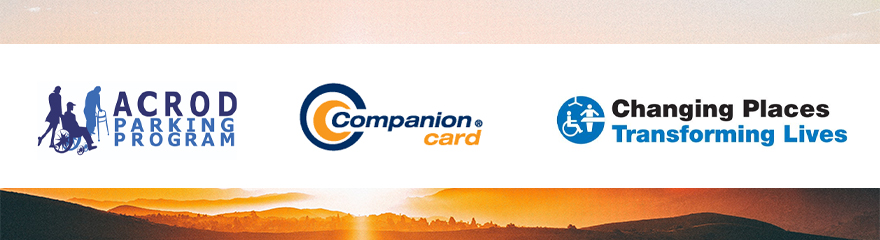 sunset with ACROD logo, companion card logo, and Changing Places logo