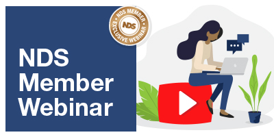 Graphic of a woman using a laptop, sitting on a red play button. To the right, white text on blue background says NDS Member Webinar
