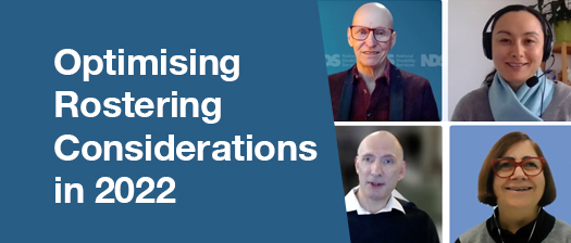 Reads: Optimising Rostering Considerations in 2022, alongside profile photos of the four presenters